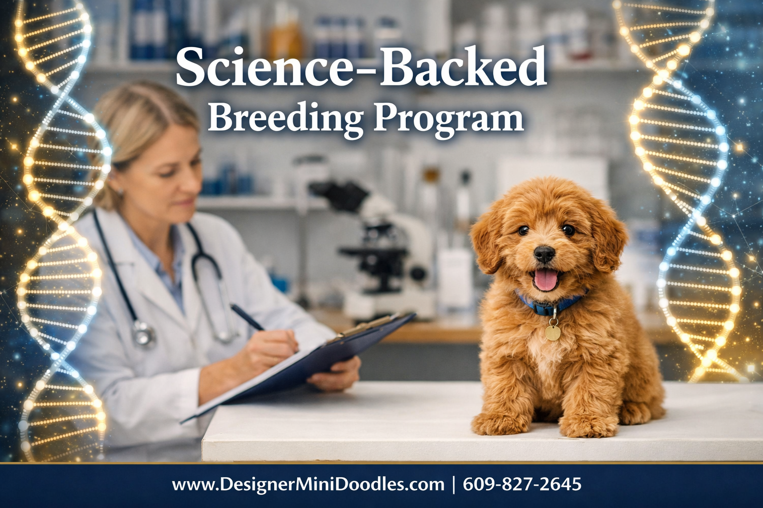 () image showing a professional animal biology laboratory setting with DNA helix graphics overlaid, a credentialed scientist