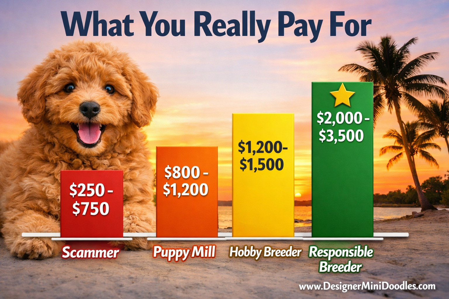 () bar chart price comparison infographic with four bars labeled Scammer $250-$750 in red, Puppy Mill $800-Goldendoodle puppy price comparison chart,200 in orange,
