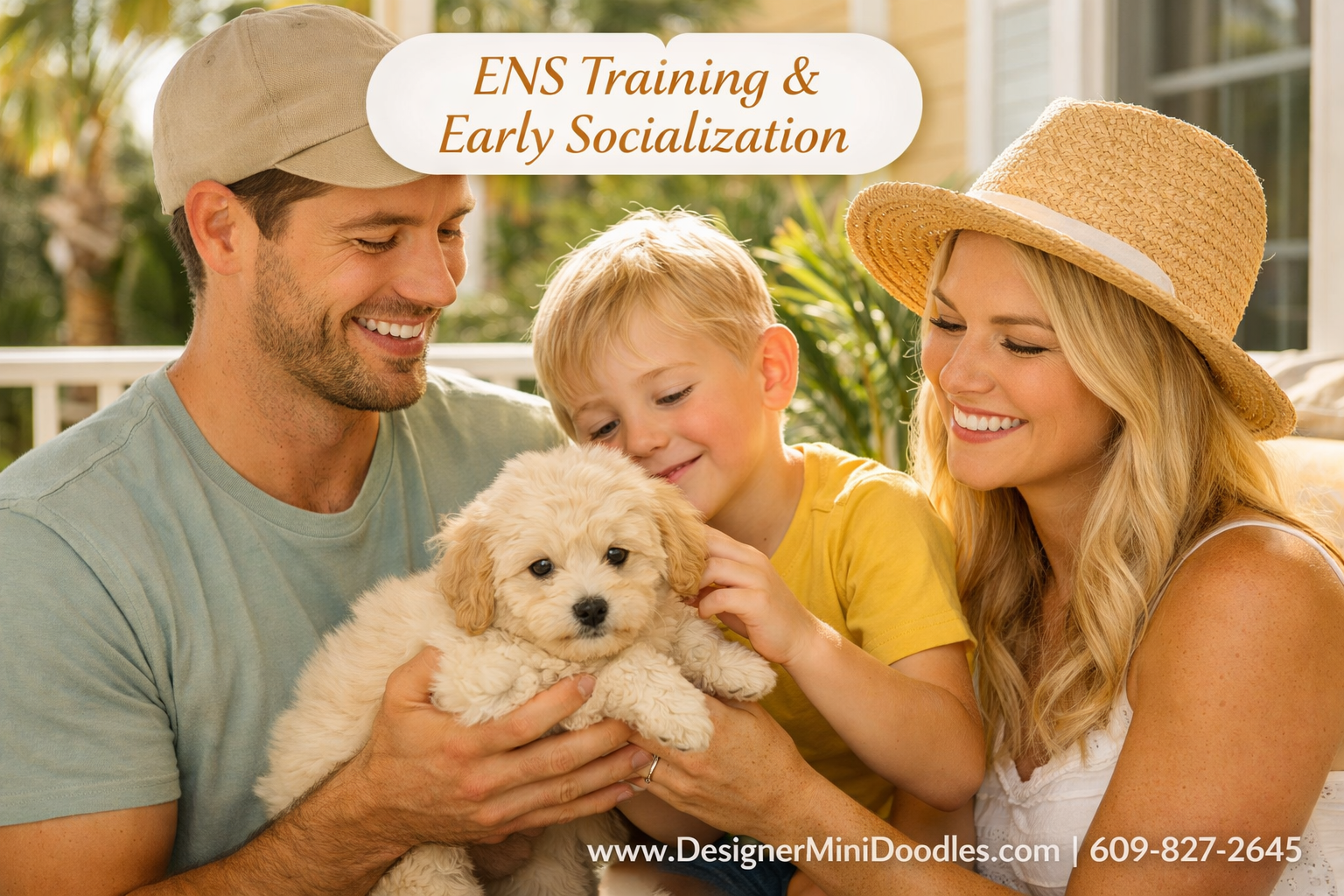 () warm lifestyle photo showing a fluffy cream micro mini goldendoodle puppy being held by a smiling Florida family on a