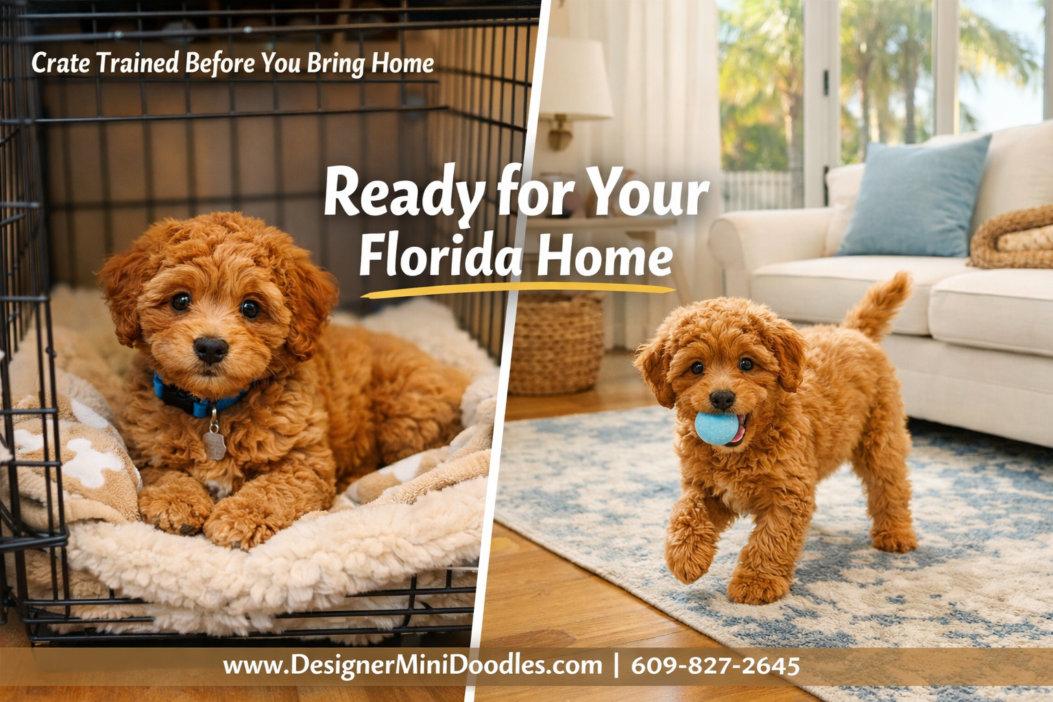 () image showing a split-scene: left side a micro mini goldendoodle puppy in a cozy crate with soft bedding labeled 'Crate