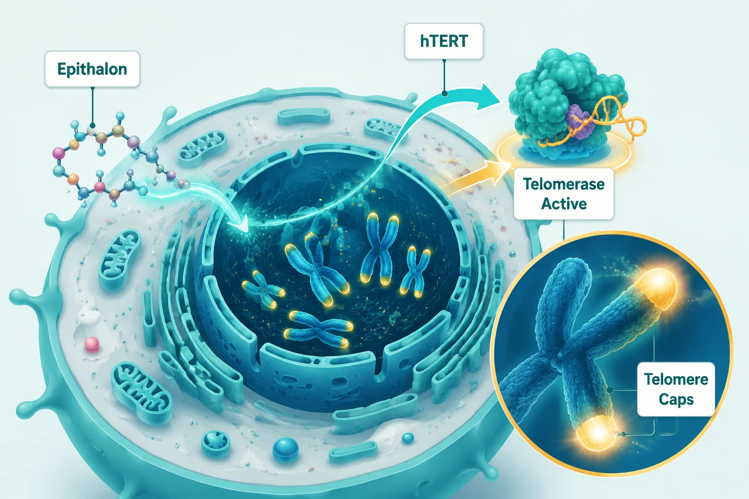 Flat-vector isometric illustration in bright teal and white: a stylized human cell cross-section showing telomere caps at