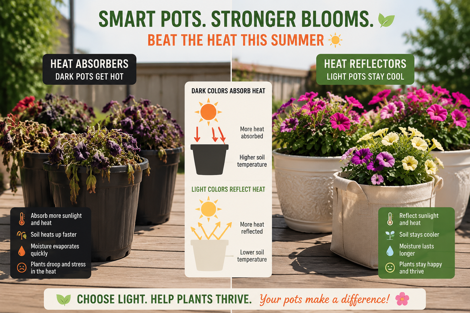 Which Container Materials and Colors Help Keep Container Flowers Thriving Through Summer Heat This June?