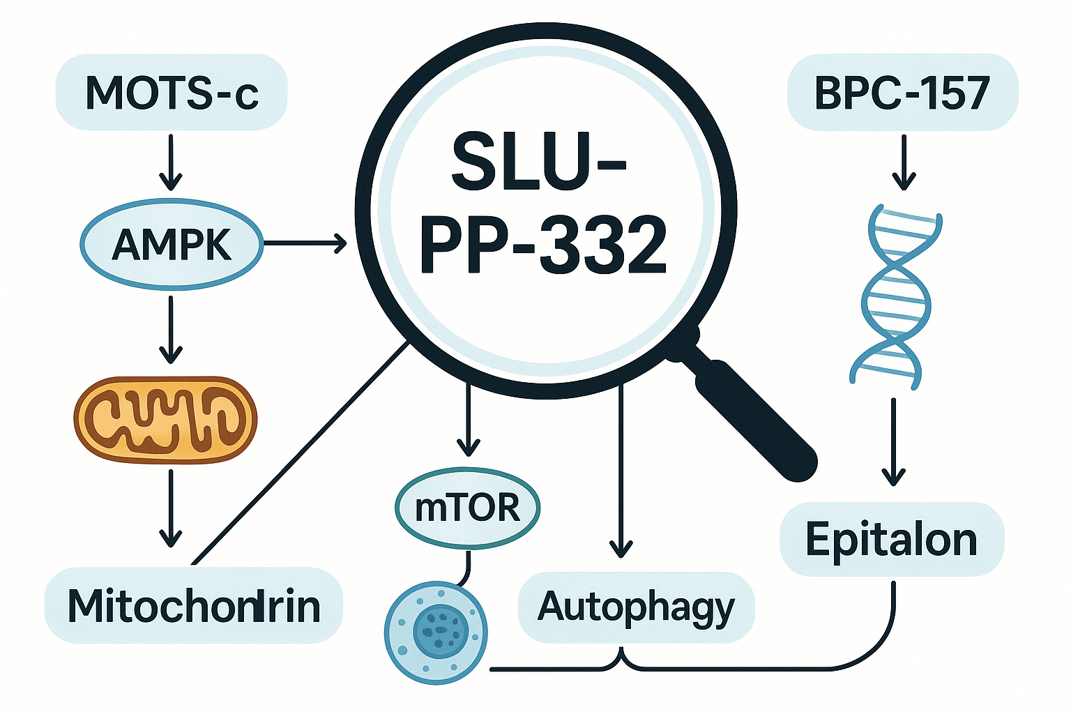 A visually striking infographic illustrating the mechanisms of action for a <a href="https://www.puretestedpeptides.com/product/slu-pp-332/"