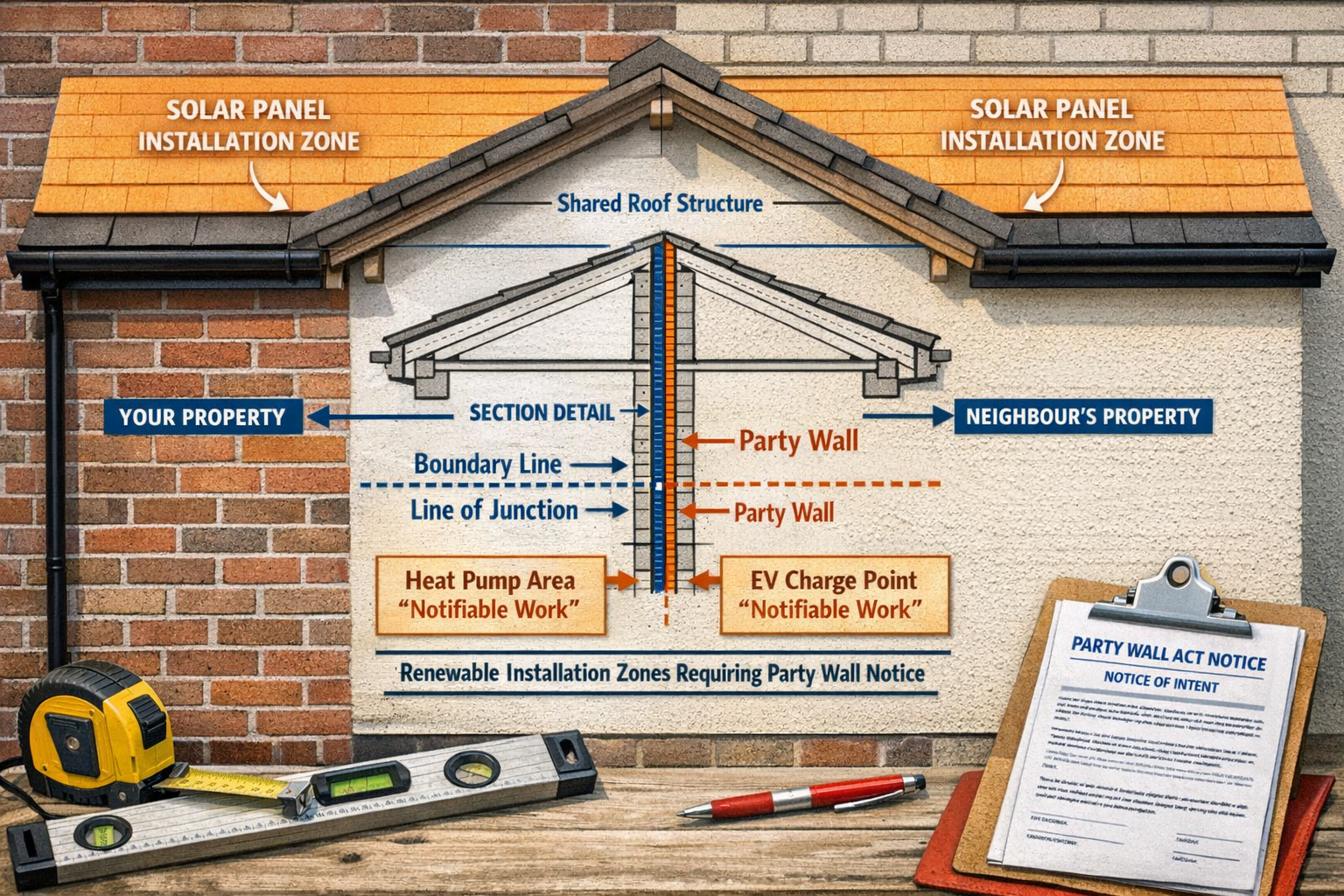Detailed landscape format (1536x1024) image showing close-up of UK party wall between two semi-detached properties with annotated diagram ov