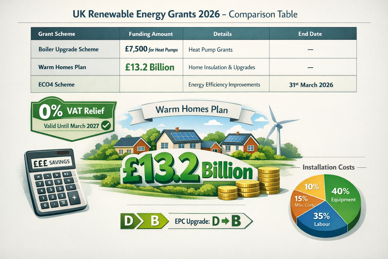 Detailed landscape format (1536x1024) image depicting UK government grant scheme comparison table for 2026 renewable energy installations. V