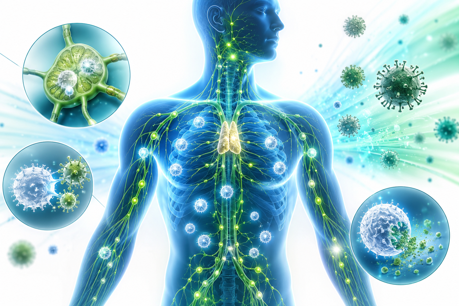 Detailed () illustration of the human immune system concept: a glowing silhouette of a human torso with highlighted lymph