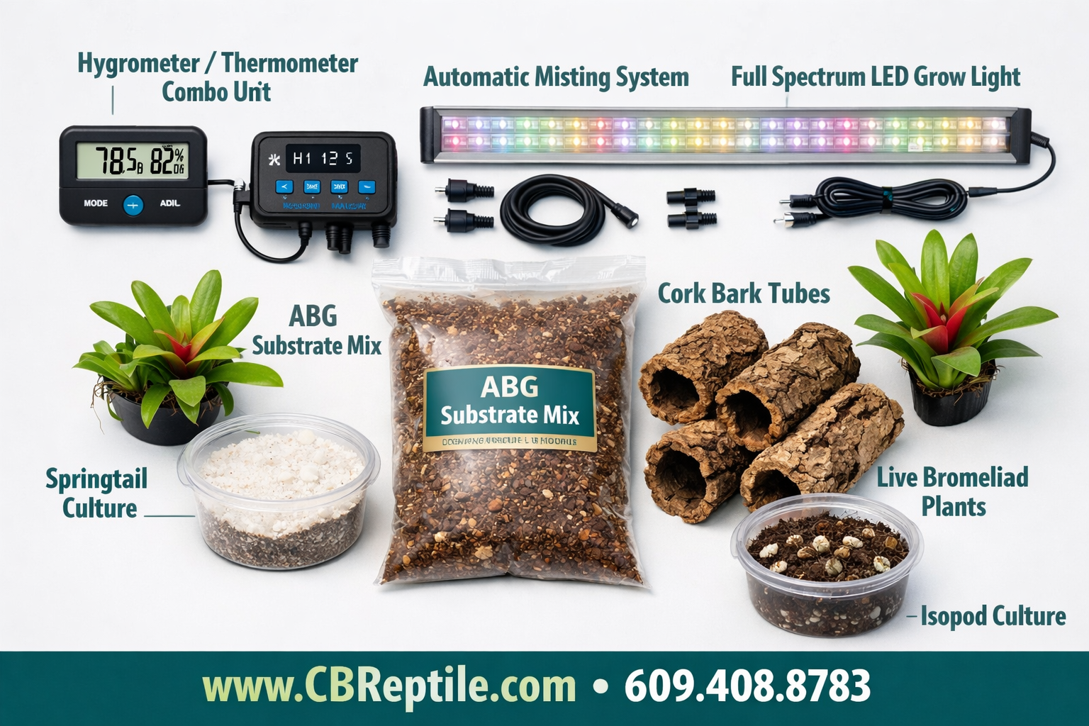 () flat-lay product comparison image showing poison dart frog setup equipment arranged on a clean white surface: