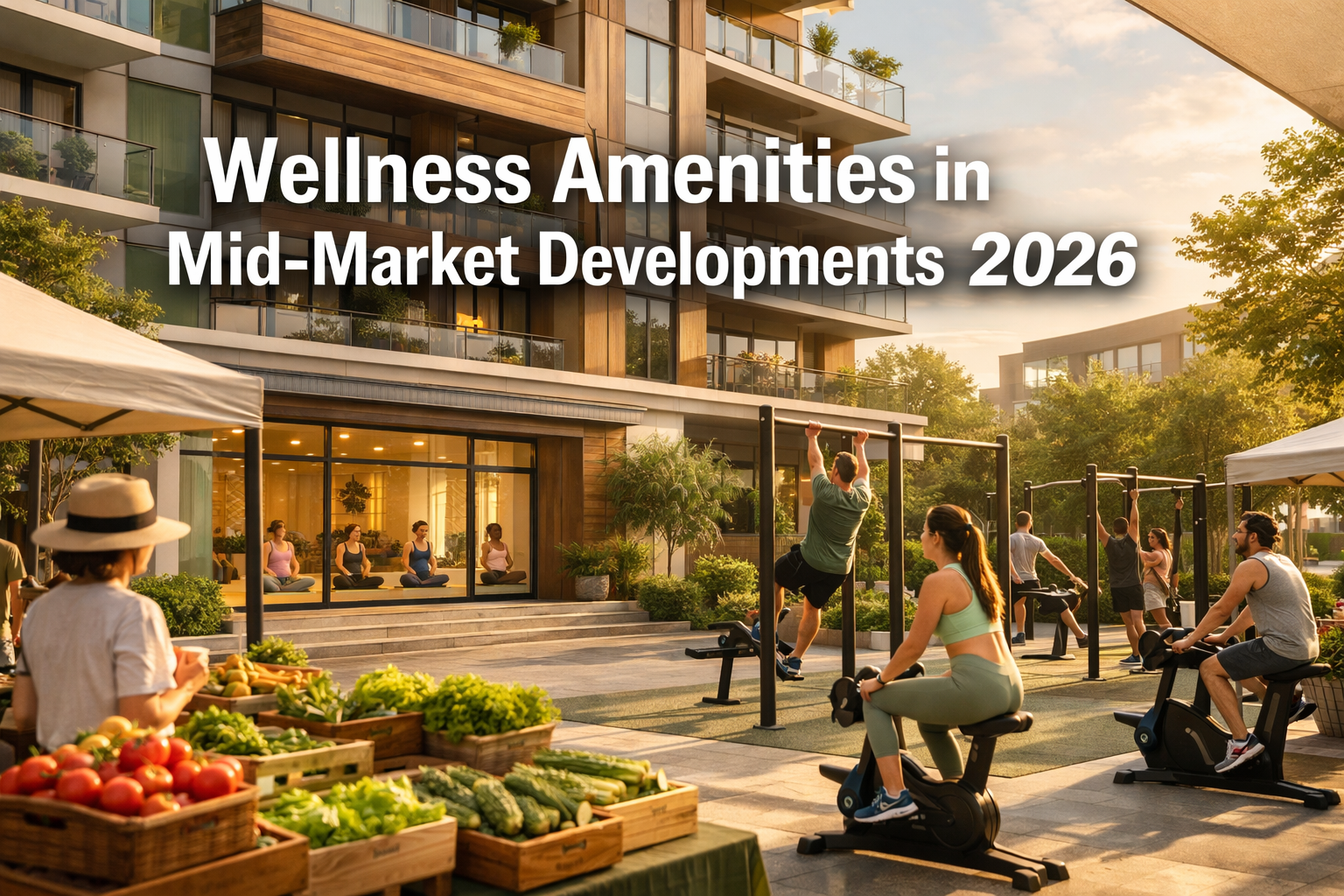 Professional () editorial hero image featuring 'Wellness Amenities in Mid-Market Developments 2026' in extra large white