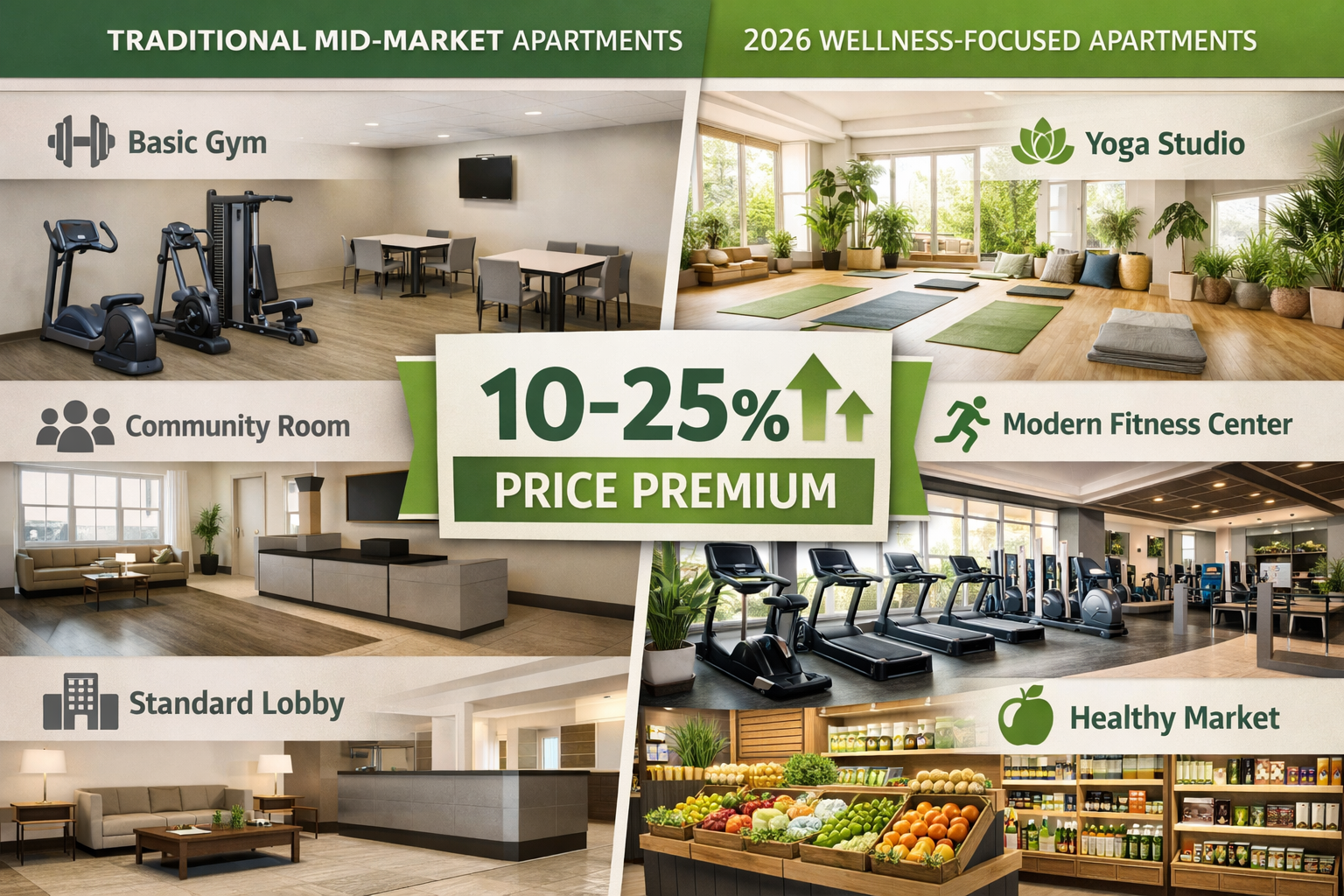 Detailed () infographic-style image showing split-screen comparison of traditional mid-market apartment amenities versus
