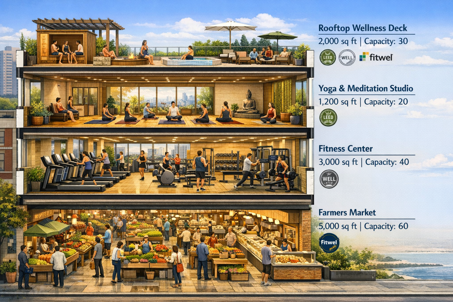 Detailed () architectural cross-section illustration of a mid-market residential building showing multiple wellness amenity