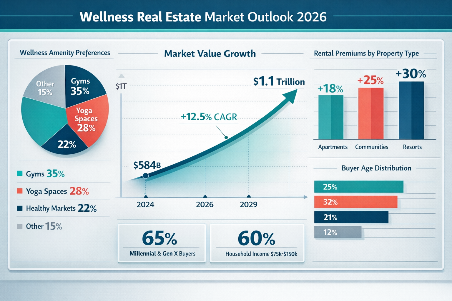 Detailed () data visualization dashboard showing wellness real estate market growth and buyer demographics for 2026. Central