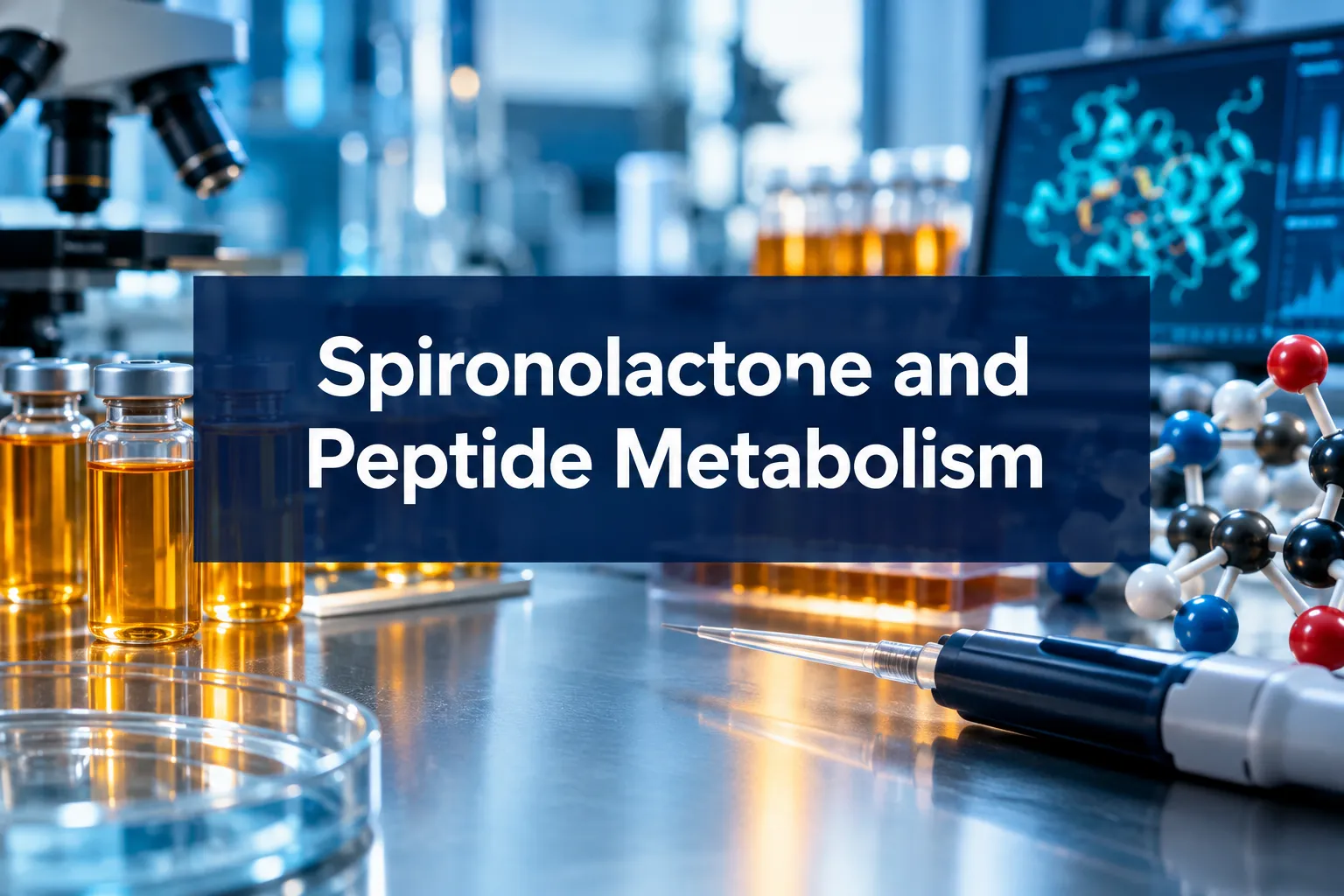Professional () hero image with 'Spironolactone and Peptide Metabolism' in crisp white on a deep navy semi-transparent