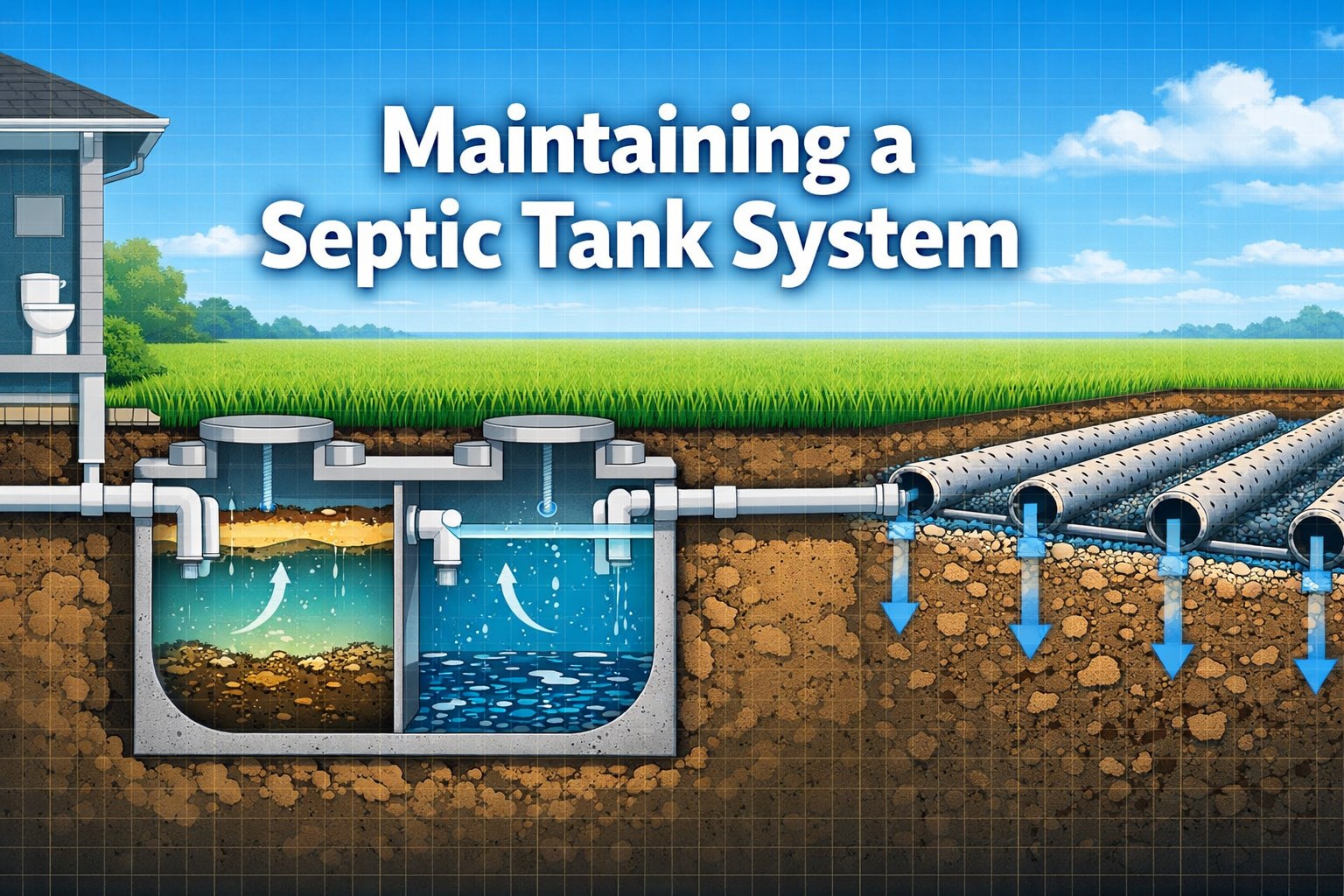 Professional () hero image with 'Maintaining a Septic Tank System' in white with dark , centered in upper third. Background
