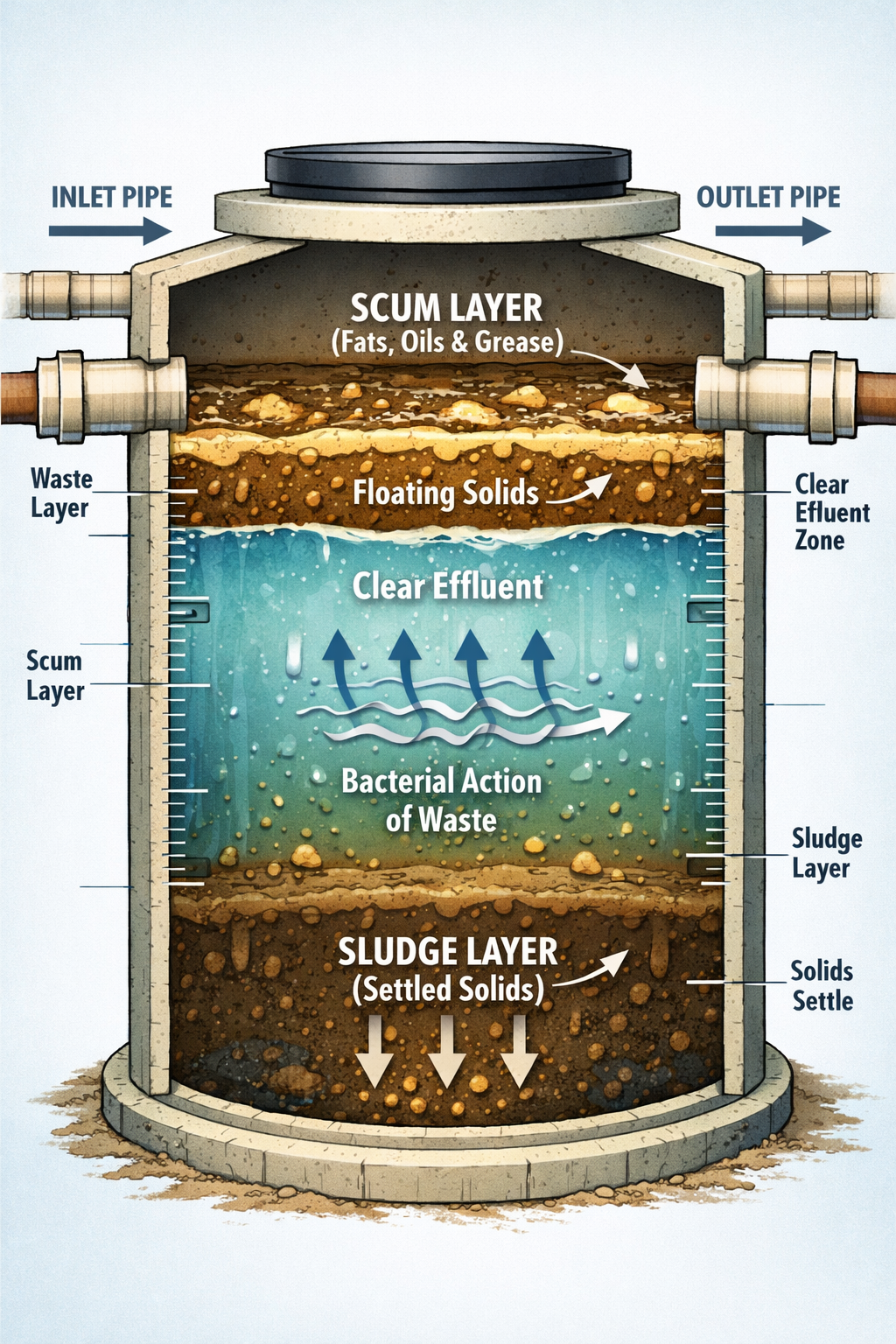 () detailed cutaway illustration of septic tank interior showing three distinct layers - scum layer at top, clear effluent