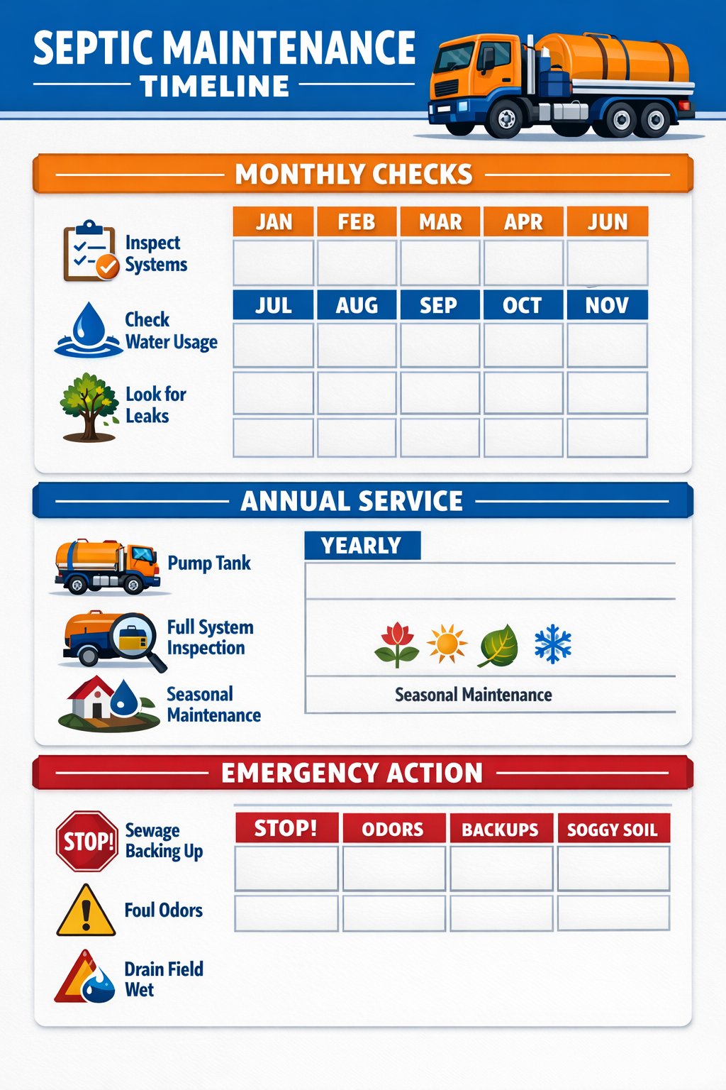 Vertical infographic () showing septic maintenance timeline with calendar grid layout. Visual elements include pump truck