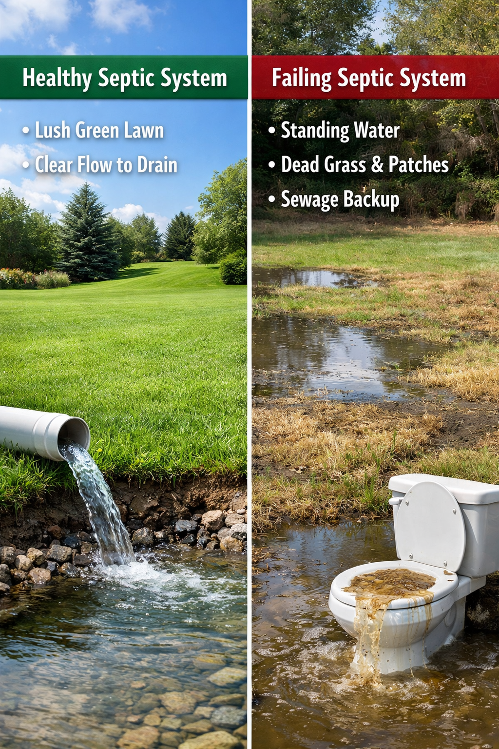 () split-screen comparison showing healthy vs. failing septic system. Left side displays green lawn, clear water flow, and