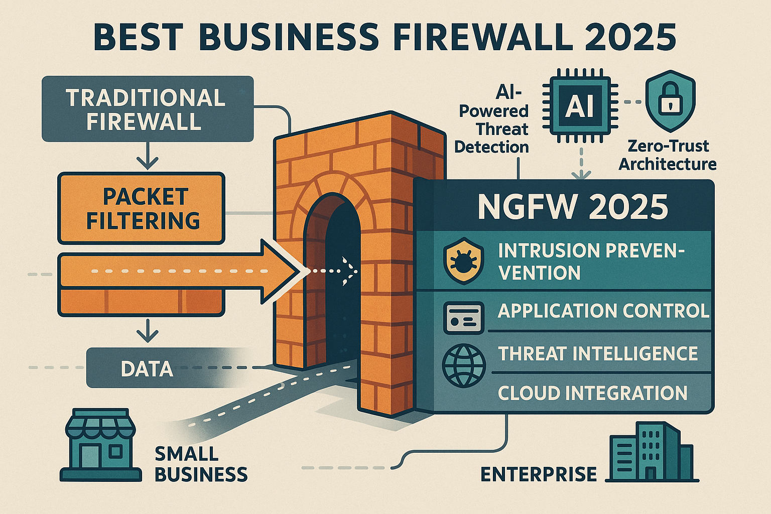 An intricate infographic illustrating the evolution of business firewall solutions from traditional packet filtering to next generation fire