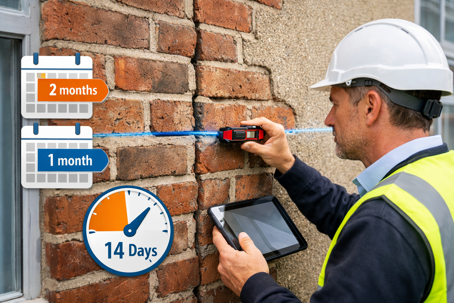 Detailed () image showing a professional surveyor in hard hat and high-visibility vest conducting a detailed inspection of a