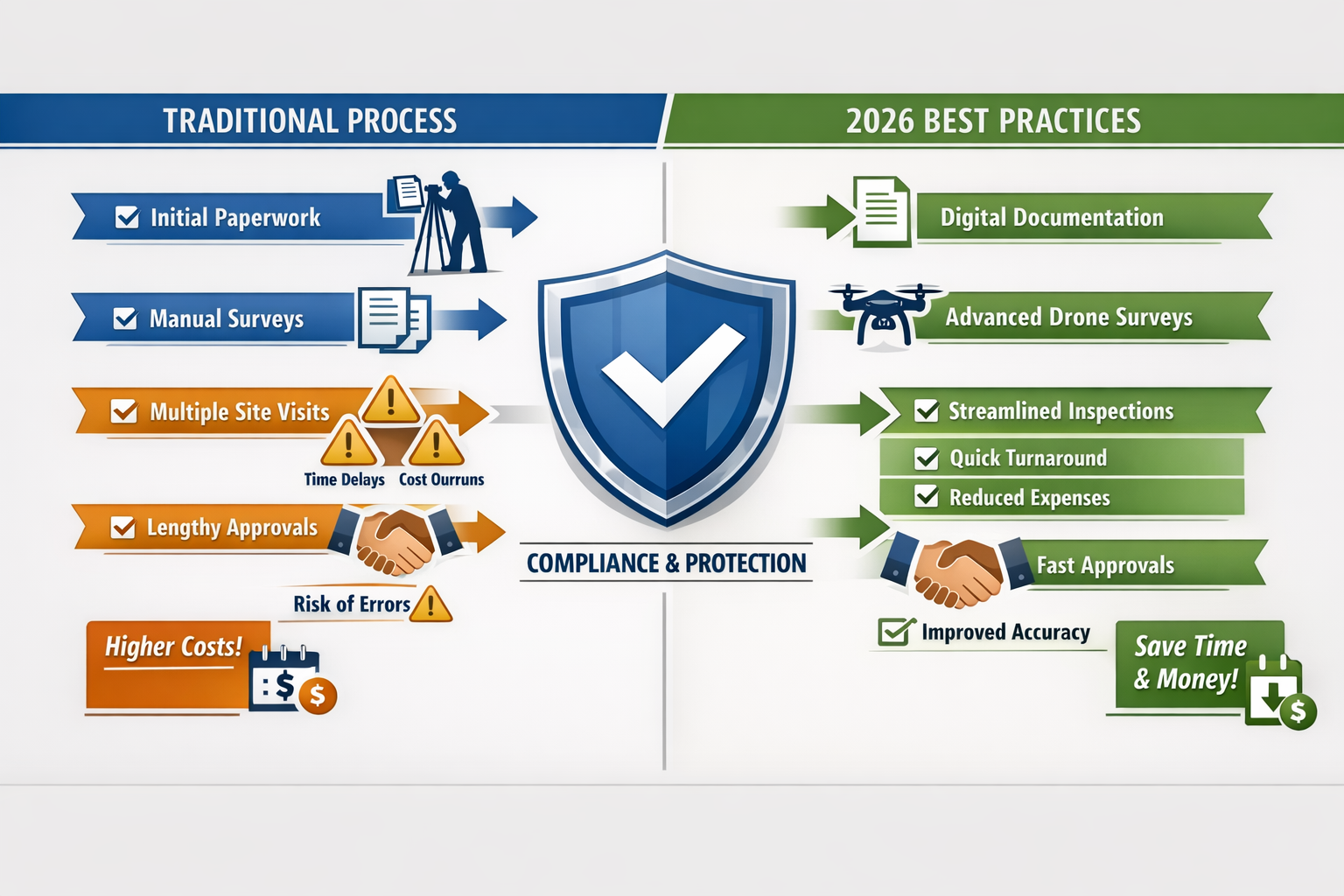Detailed () image showing a detailed comparison infographic layout with two parallel timelines: 'Traditional Process' versus
