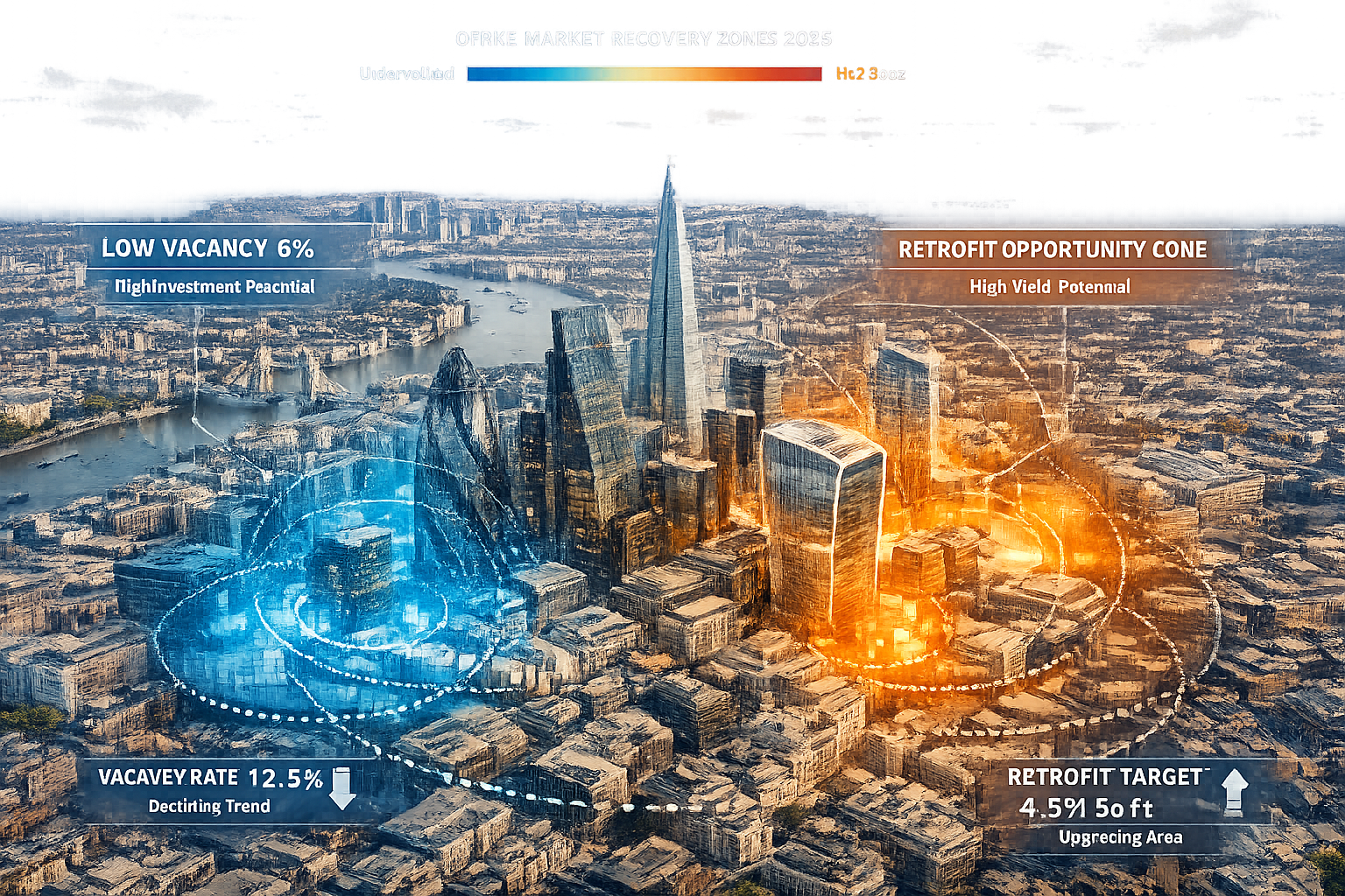 Aerial panoramic view of London's financial district with transparent heat map overlay showing office market recovery zones in 2026, highlig