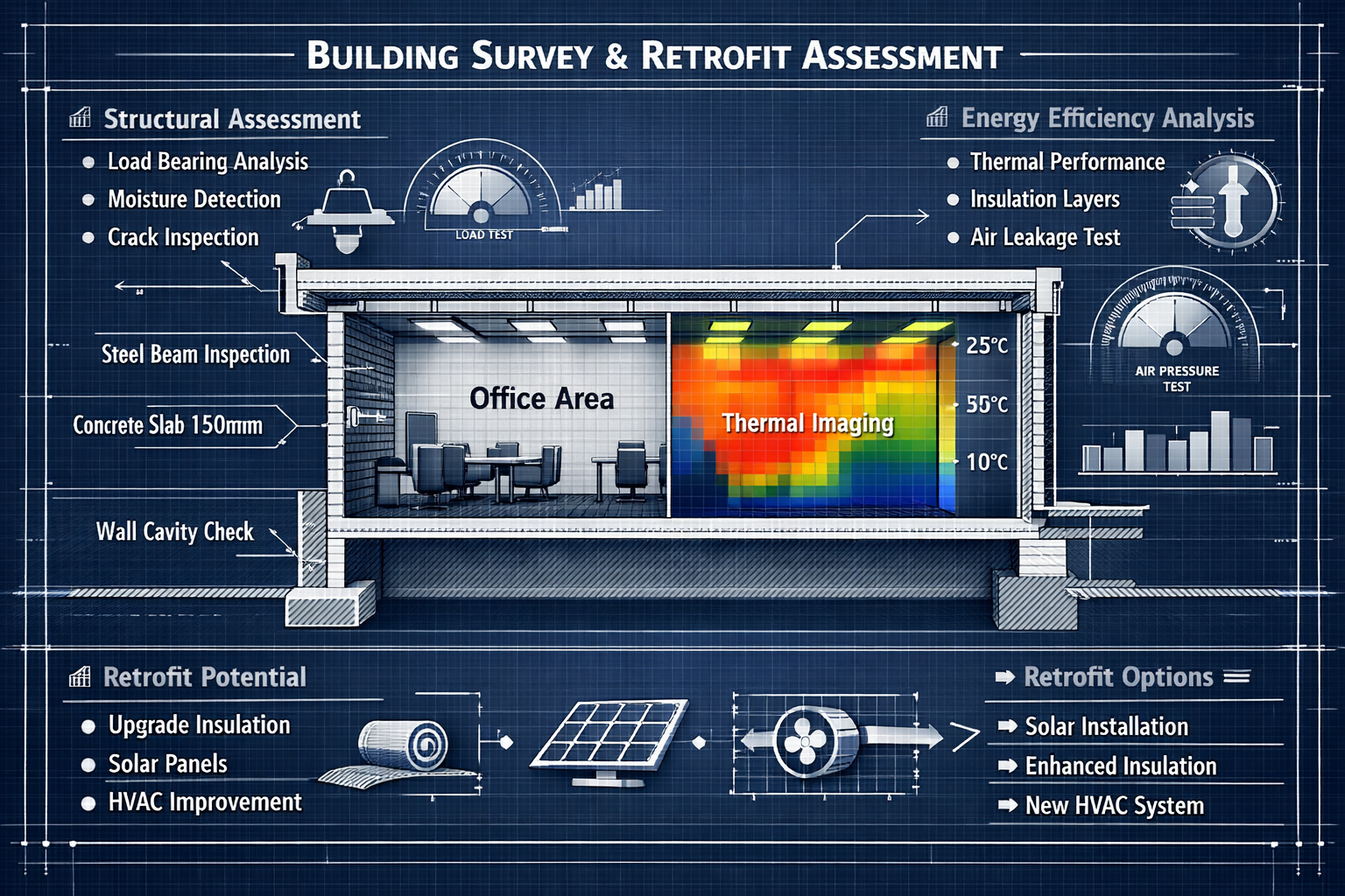 Technical building survey visualization featuring architectural blueprint-style illustration of a commercial office space, with detailed cro