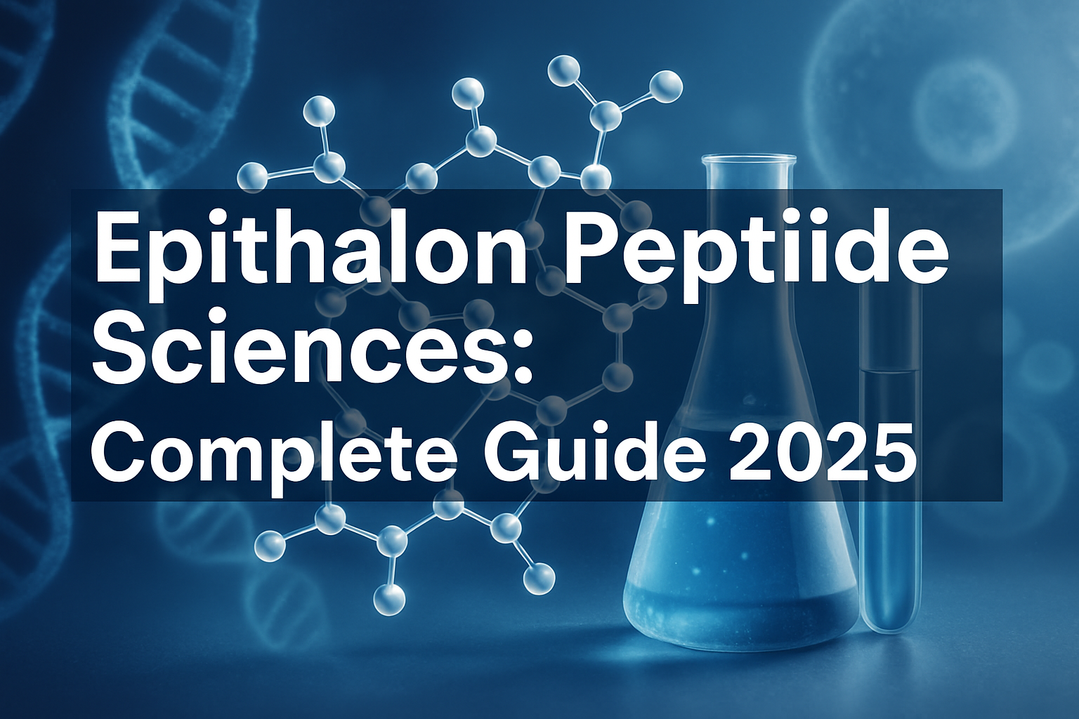 Professional landscape hero image (1536x1024) featuring bold text overlay 'Epithalon Peptide Sciences: Complete Guide 2025' in extra large 7