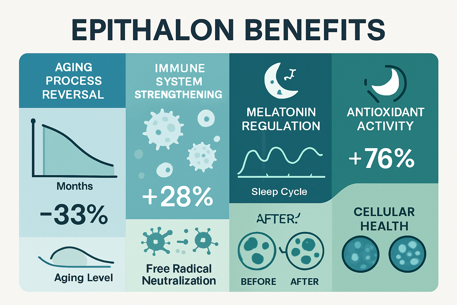 Professional infographic layout displaying epithalon benefits across multiple body systems, split-panel design showing aging process reversa