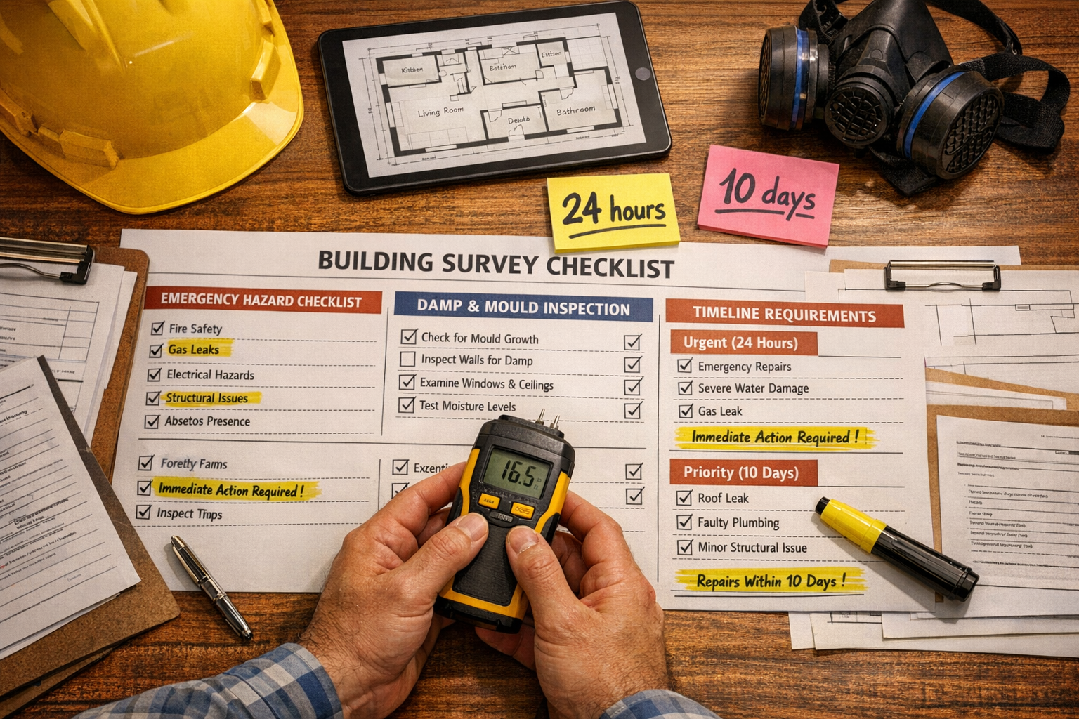 Detailed () image showing comprehensive building survey checklist document spread across wooden desk surface with multiple