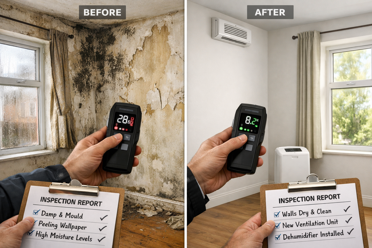 Wide () photograph showing split-screen comparison of rental property interior: left side displays visible damp patches,