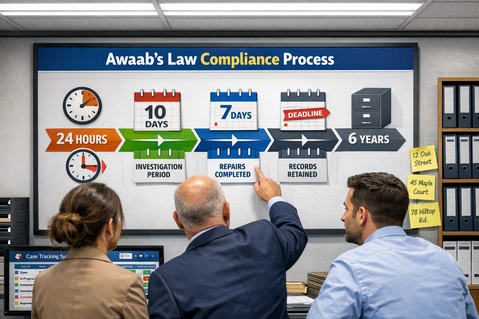 () infographic-style image displaying timeline flowchart for Awaab's Law compliance process on large wall-mounted board in