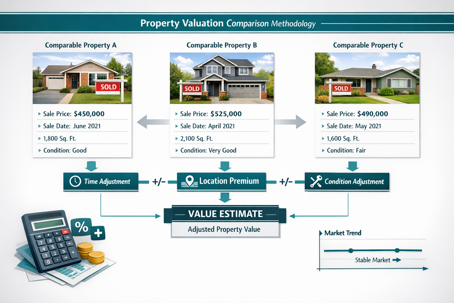 () detailed infographic showing property valuation comparison methodology with three residential properties side-by-side,