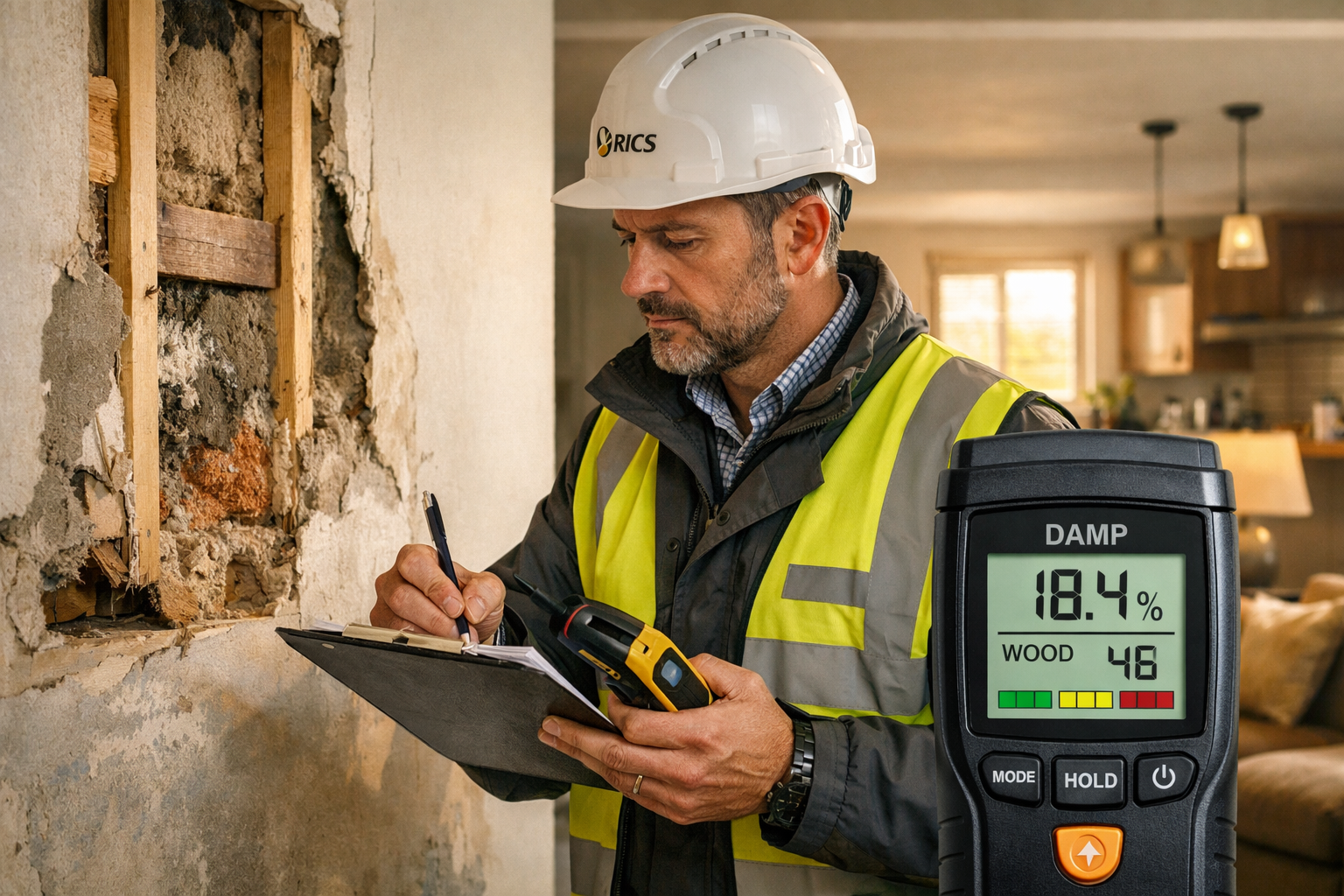 () professional scene of RICS chartered surveyor conducting on-site property inspection inside residential property,