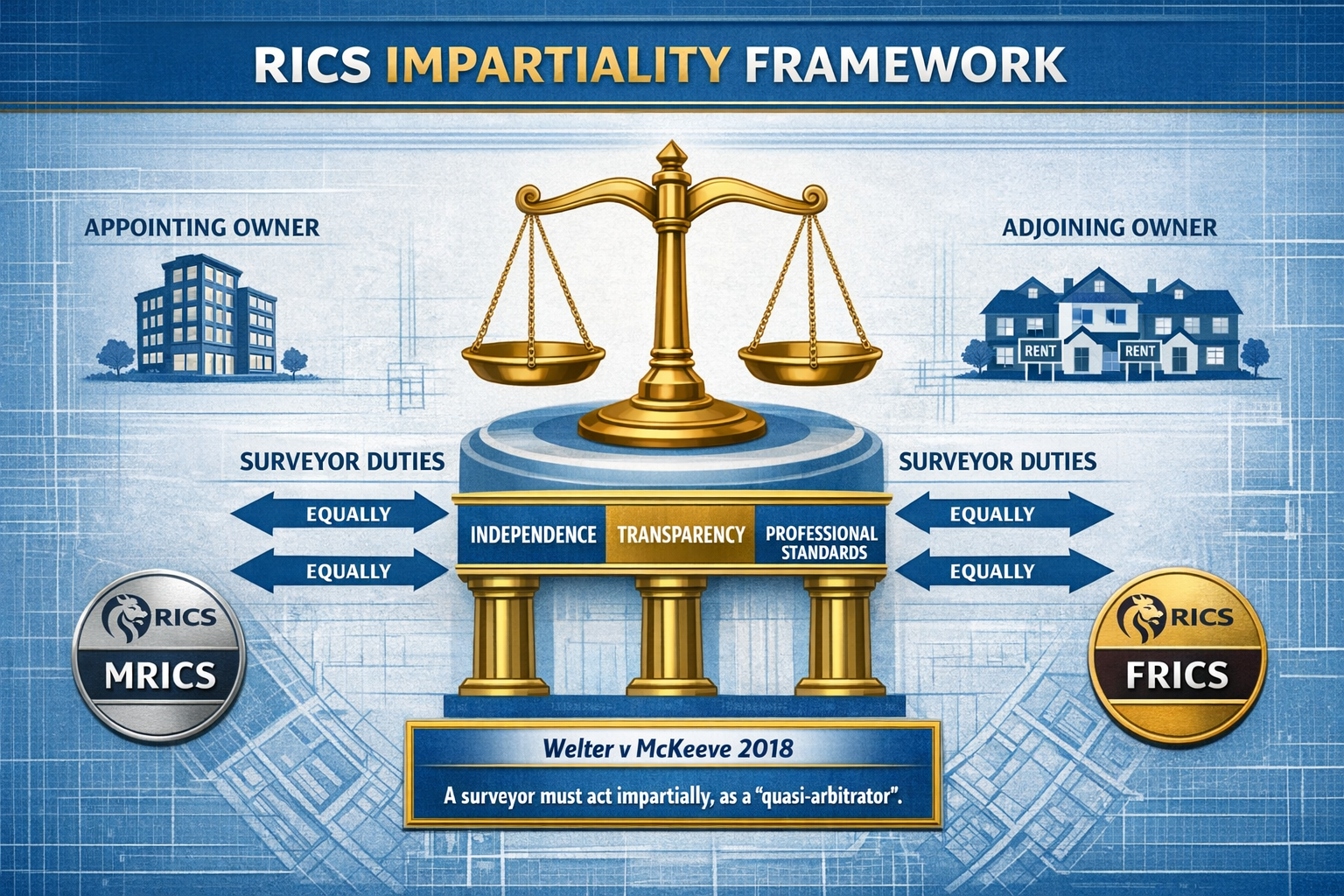 () detailed infographic showing RICS impartiality framework with central balance scale icon, three pillars labeled