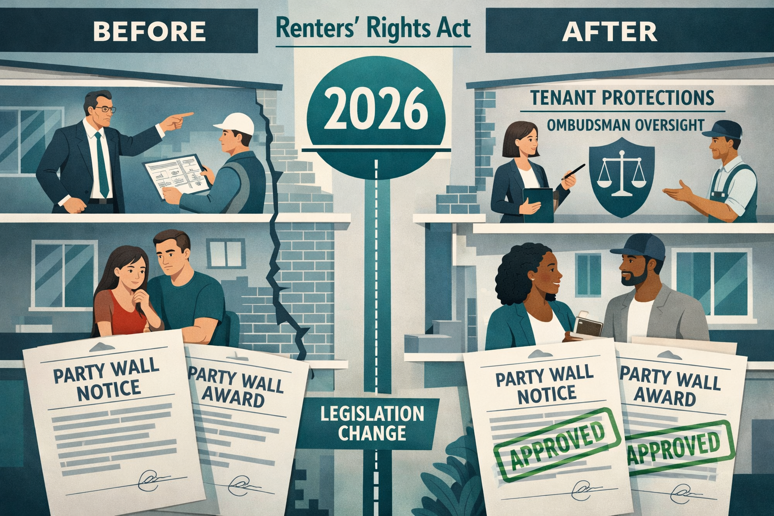 () visual representation of Renters' Rights Act 2026 impact on party wall procedures, split-screen composition showing