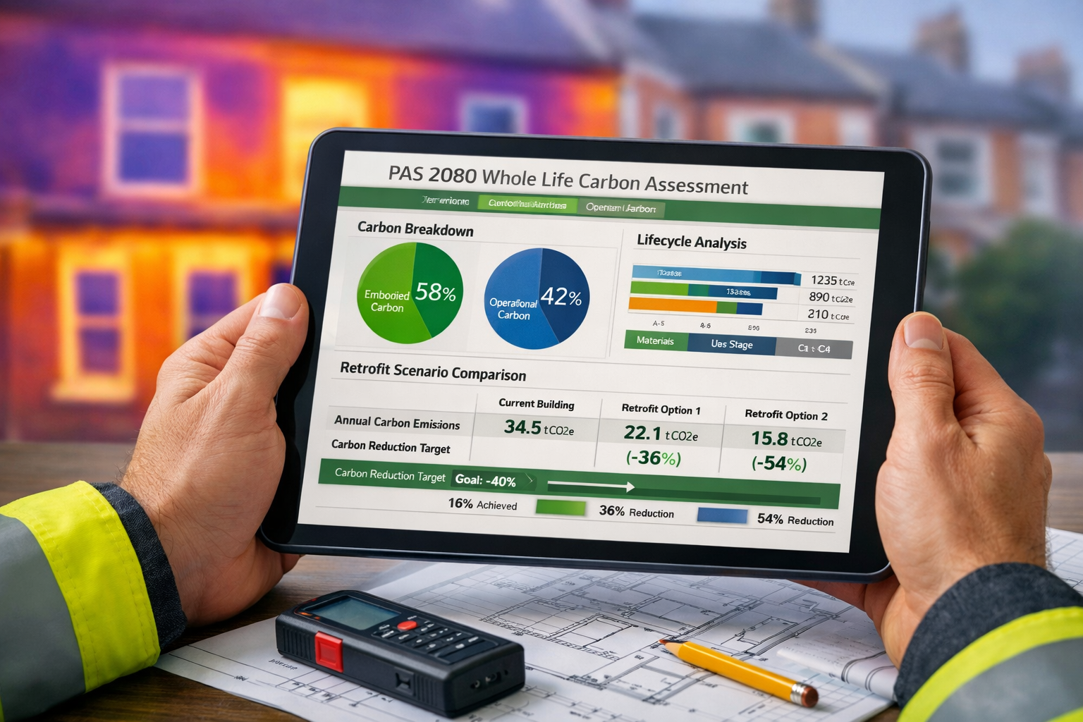 Detailed () image showing close-up of professional building surveyor's hands holding tablet displaying PAS 2080 whole life