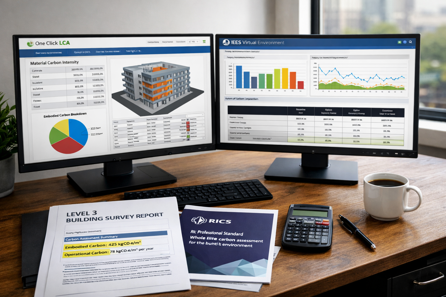 Detailed () image depicting modern office workspace with dual computer monitors displaying specialized carbon calculation