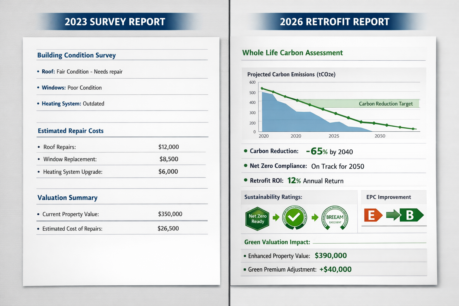 Detailed () image showing before-and-after split comparison of retrofit property valuation report pages. Left side displays