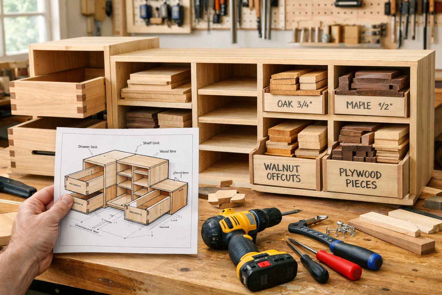 A detailed, eye-level shot of a modular storage unit being assembled in a bright woodworking shop. Components like