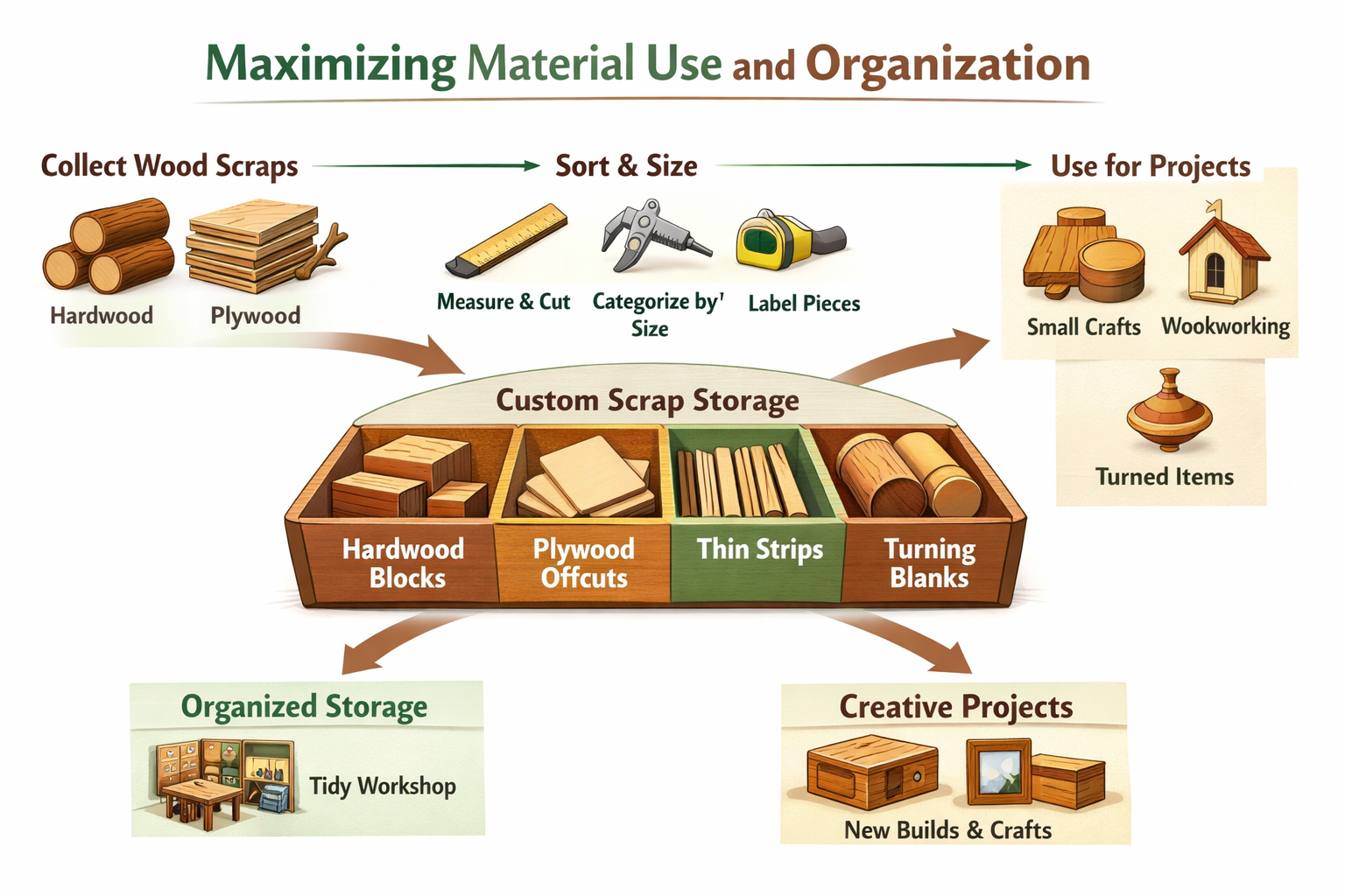 A visually dynamic infographic or flowchart illustrating the workflow for categorizing, sizing, and storing woodworking