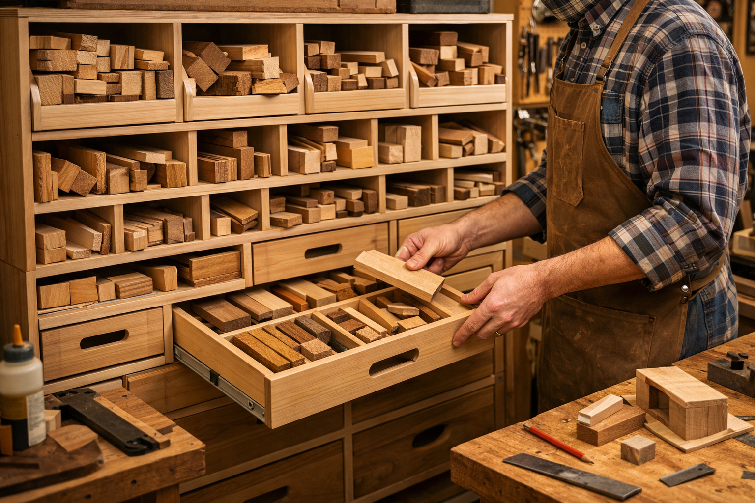 An inspiring shot of a completed custom modular storage system in action, integrated seamlessly into a tidy woodworking