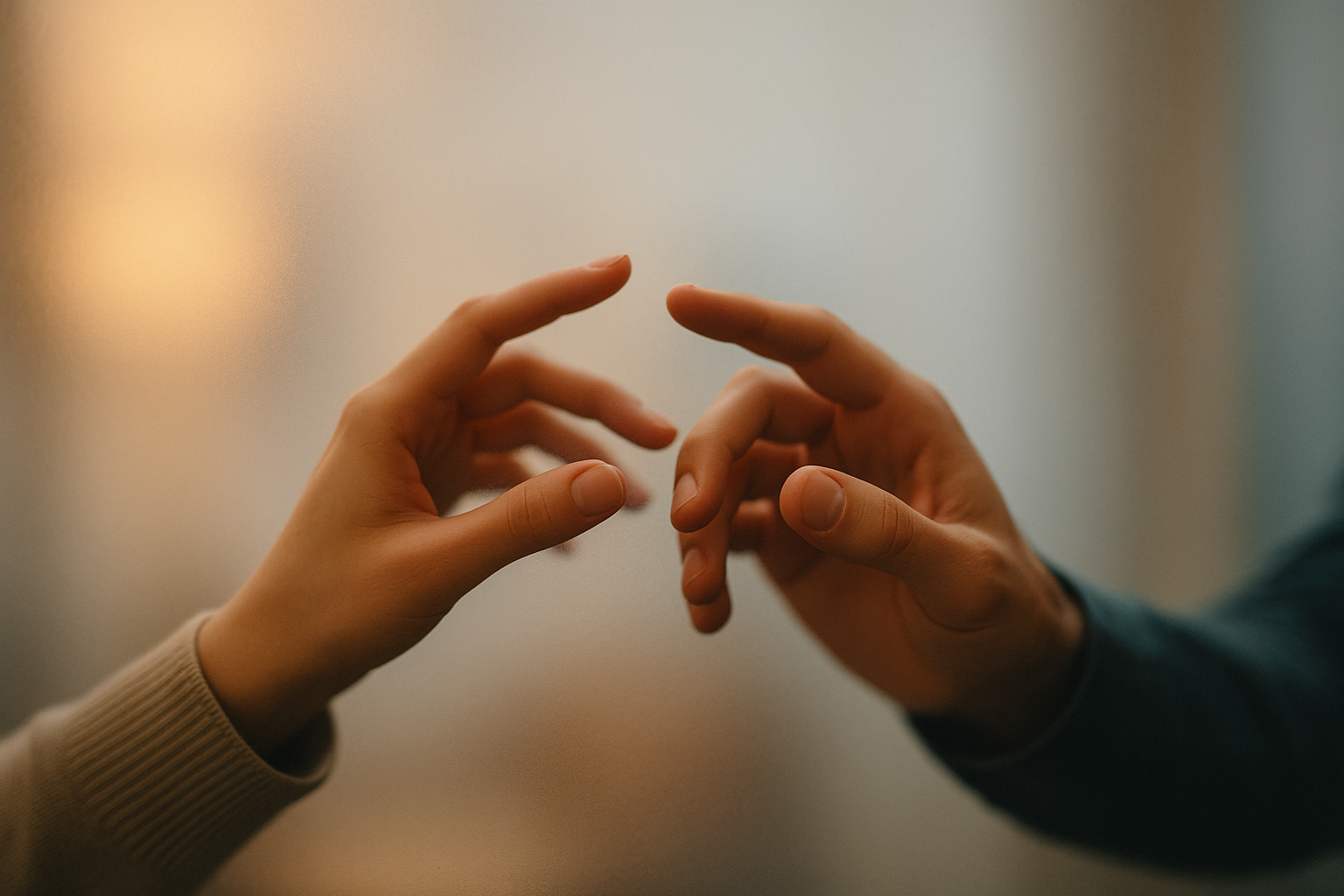 Bindingsangst bij vrouwen erkennen: Symptomen, triggers en wat je eraan kunt doen 1 Landscape editorial image (1536x1024) showing a close-up of two hands almost touching but not quite connecting, representing emotional dista