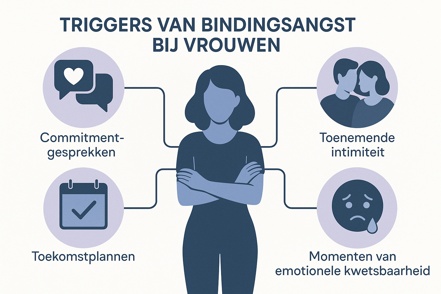 Bindingsangst bij vrouwen erkennen: Symptomen, triggers en wat je eraan kunt doen 2 Landscape infographic-style image (1536x1024) displaying common triggers of bindingsangst in women through visual icons and text elements. C