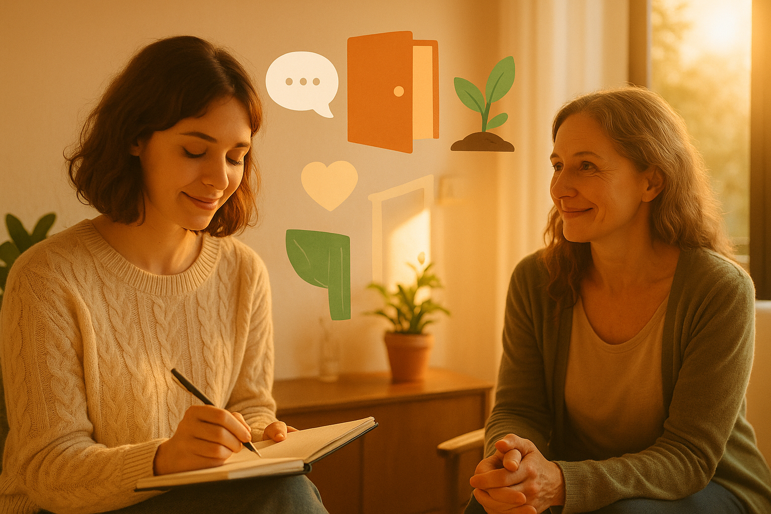 Bindingsangst bij vrouwen erkennen: Symptomen, triggers en wat je eraan kunt doen 3 Landscape concept image (1536x1024) showing a woman journaling or in conversation with a supportive figure, representing the healing journey