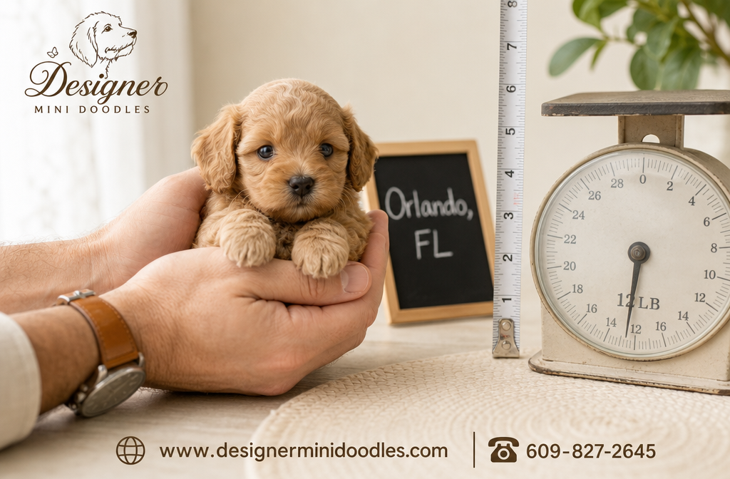 () editorial photo of a tiny apricot micro goldendoodle puppy held gently in cupped adult hands beside a measuring tape and