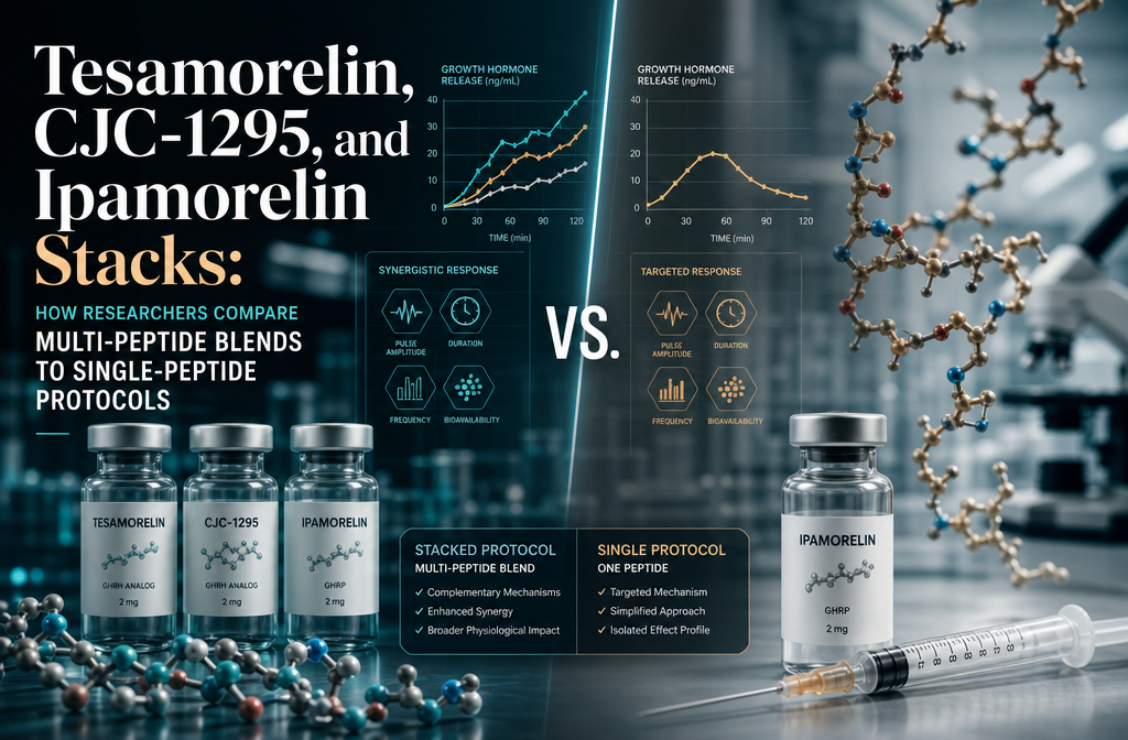 Professional landscape hero image () with : "Tesamorelin, CJC-1295, and Ipamorelin Stacks: How Researchers Compare