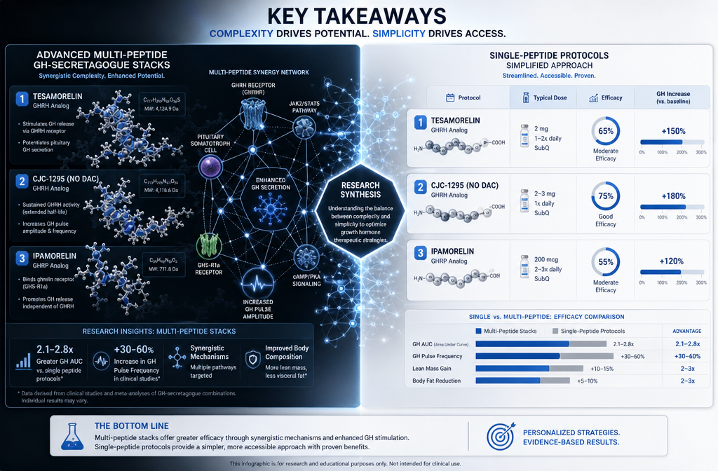 Key Takeaways section infographic: Split-screen scientific visualization comparing multi-peptide GH-secretagogue stacks