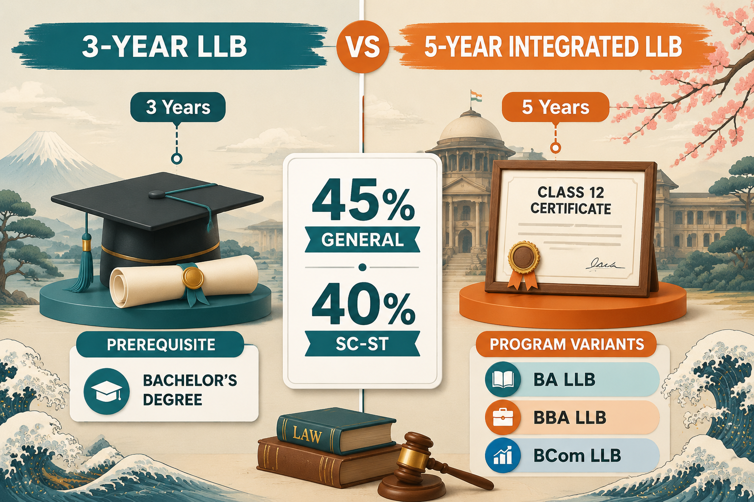 () infographic-style illustration showing a split comparison between 3-year LLB and 5-year integrated LLB programs in India.