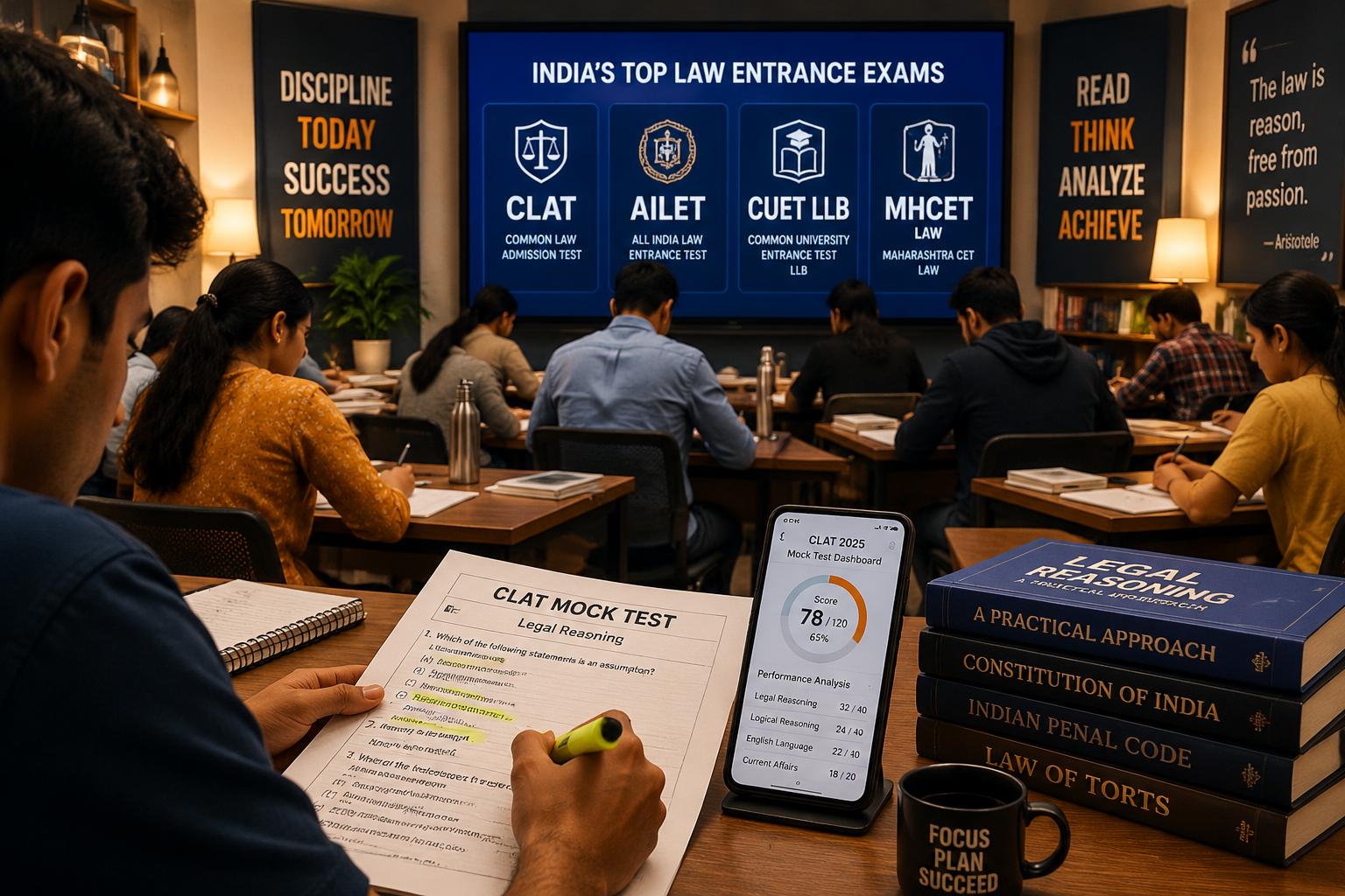 () dynamic scene showing a diverse group of Indian students at a law school entrance exam preparation session, with a large