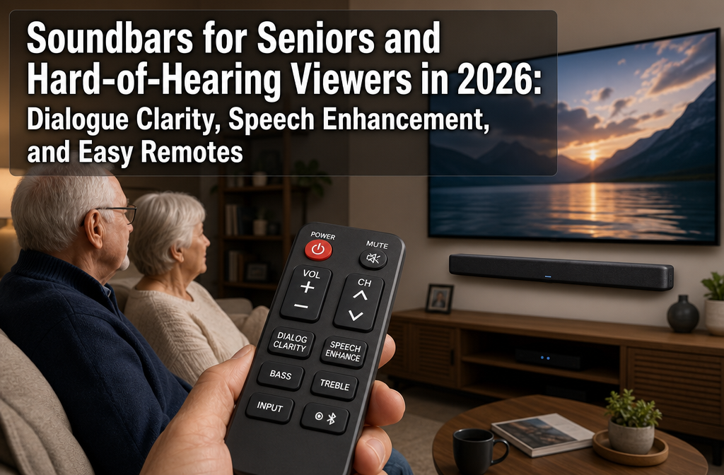 Soundbars for Seniors and Hard of Hearing Professional landscape format (1536x1024) hero image featuring bold text overlay 'Soundbars for Seniors and Hard-of-Hearing Viewers in 2026: Dialogue Clarity, Speech Enhancement, and Easy Remotes' in extra large 70pt white sans-serif font with dark shadow and semi-transparent overlay box, positioned in upper third. Background shows elderly couple sitting comfortably on living room sofa watching television with modern soundbar mounted below flat-screen TV, warm ambient lighting, cozy home environment. Foreground includes close-up of large-button remote control with clear labeling. Color scheme: warm gray, navy blue, white accents. High contrast, magazine cover quality, editorial style with professional depth of field.