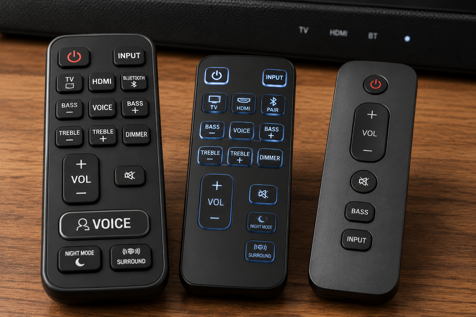 Soundbars for Seniors and Hard of Hearing Remotes Landscape format (1536x1024) editorial photograph showing close-up comparison of three different soundbar remote controls side-by-side on wooden table surface. Left remote features large tactile buttons with high-contrast white-on-black labeling including prominent 'Voice' button. Center remote shows backlit buttons with clear icons and text. Right remote displays simplified layout with only essential controls. Soft directional lighting highlights button textures and labels. Background slightly blurred showing portion of soundbar unit. Clean, consumer-guide aesthetic with professional product photography lighting and sharp focus on button details and ergonomic design features.